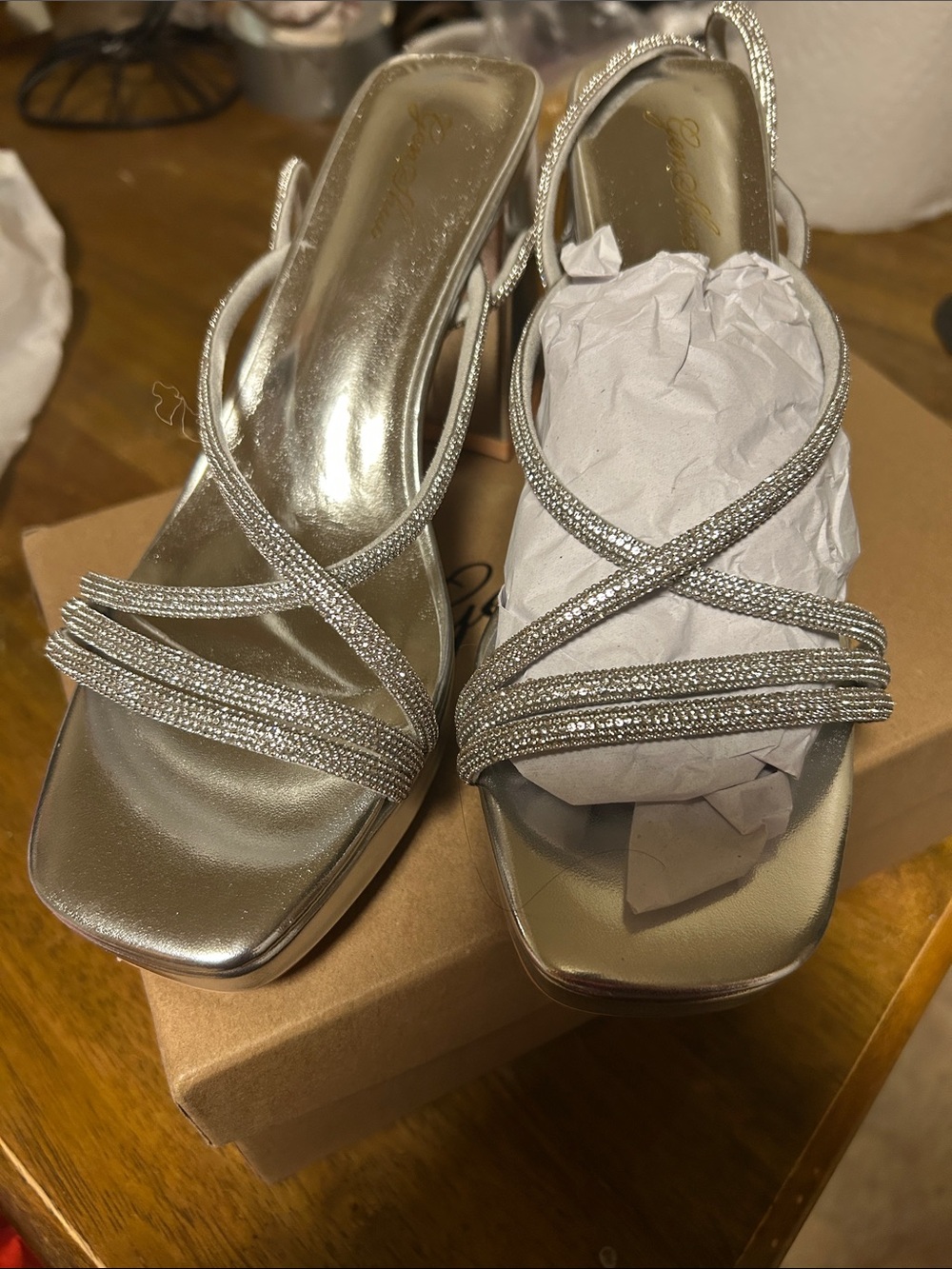 Genshuo Silver Crystal-Strap Dress Sandals